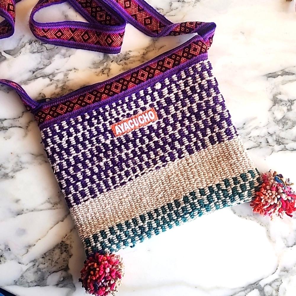 Ayacucho Puruvian Wool Crossbody Shoulder Bag with Pom Poms 9x10”